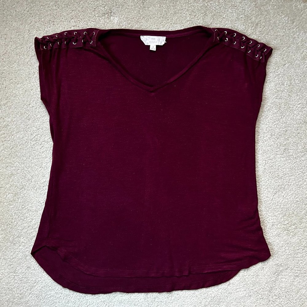 Burgundy Pink Republic Braided Shoulder Detail T-shirt